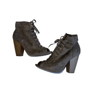 Womens 8 Peep Toe Lace Up Booties Chunky Heel Gray Suede Ankle Boots y2k chugey